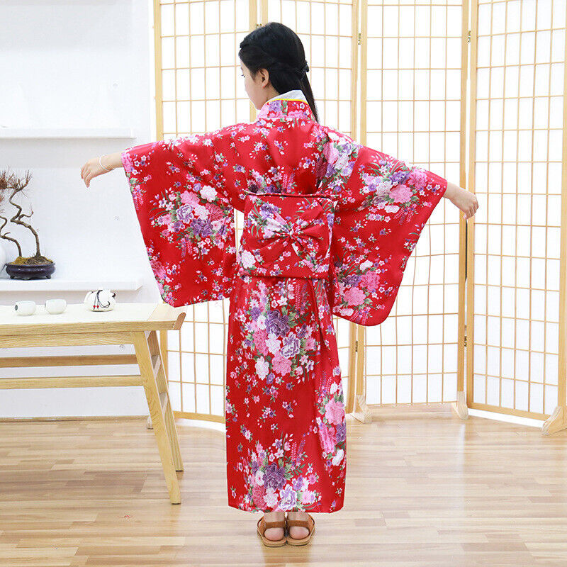 New Japanese Childrens Girls Red Blossom Flower Prints Long Kimono Outfit gjk9