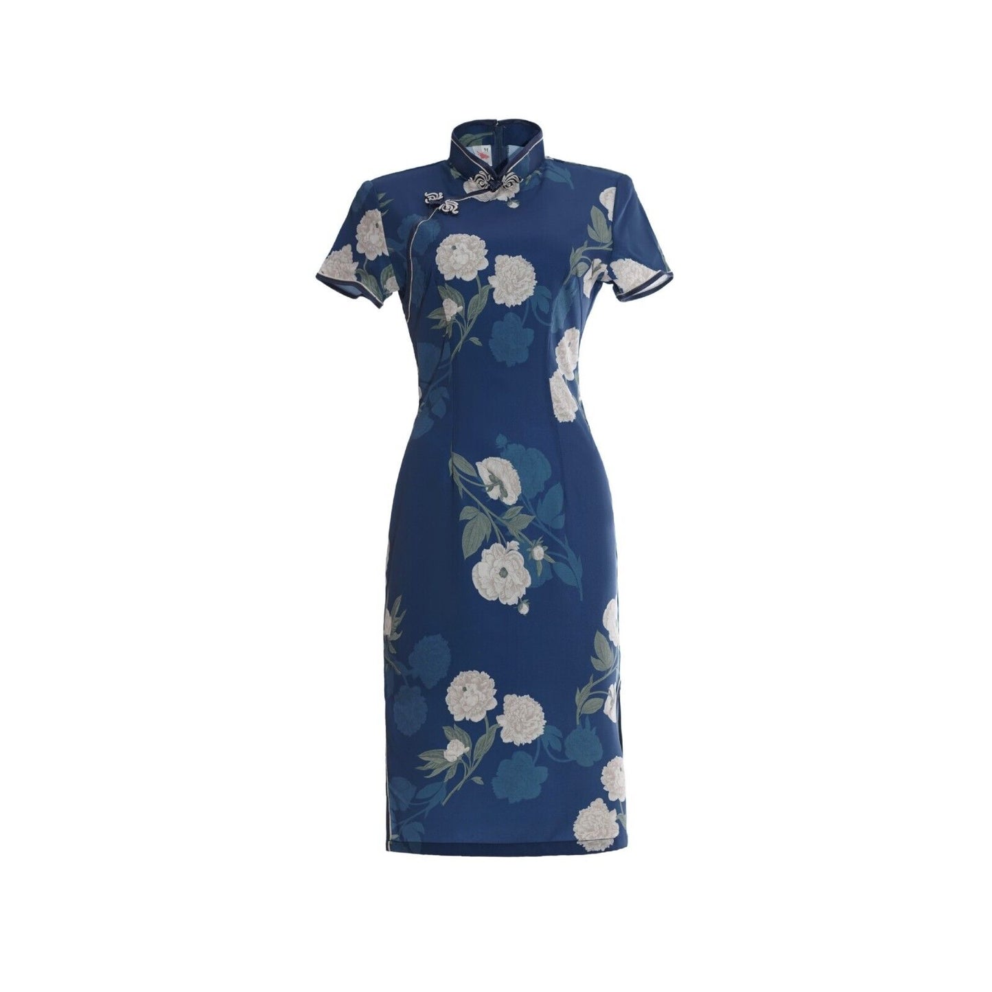 New Ladies Chinese Azure Blue & White Floral Prints Trim Dress Cheongsam Qipao