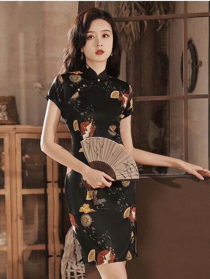 New Black Chinese Satin Short Qipao Cheongsam Dress with Paradise Crane Prints