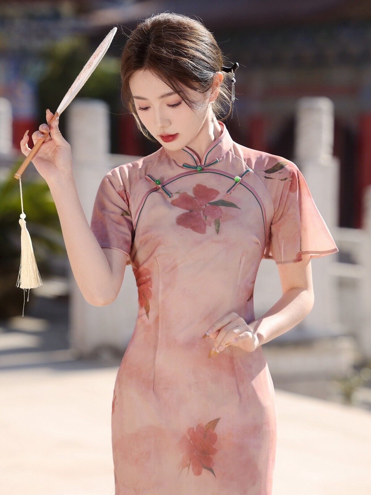 Traditional Ladies Elegant Chinese Floral Qipao Cheongsam Dress In Dusty Pink