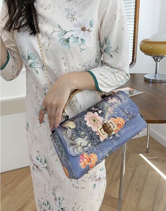 Twilight Blossom: Chinese-Inspired Floral Handbag with Bamboo Handle