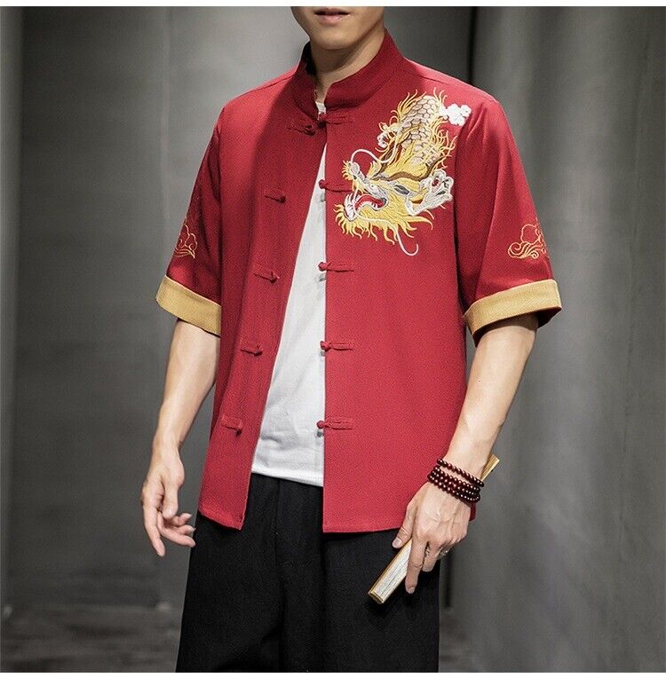 New Men's Traditional Chinese Style Shirt with Dragon Embroidery in China Red