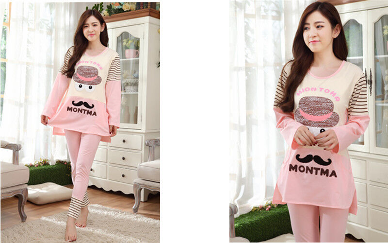 Cute Ladies Women Pink Mustache Long Top & Leggings Set Pyjamas Pajamas ladpj37