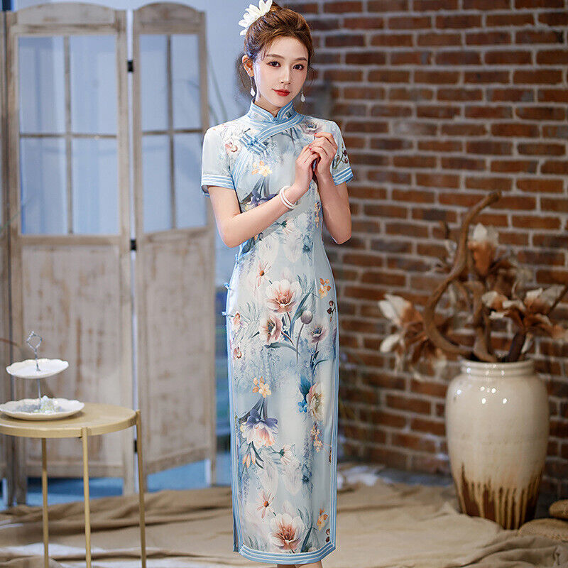 New Luxurious Chinese Powder Blue Peony Floral Prints Long Cheongsam Qipao Dress