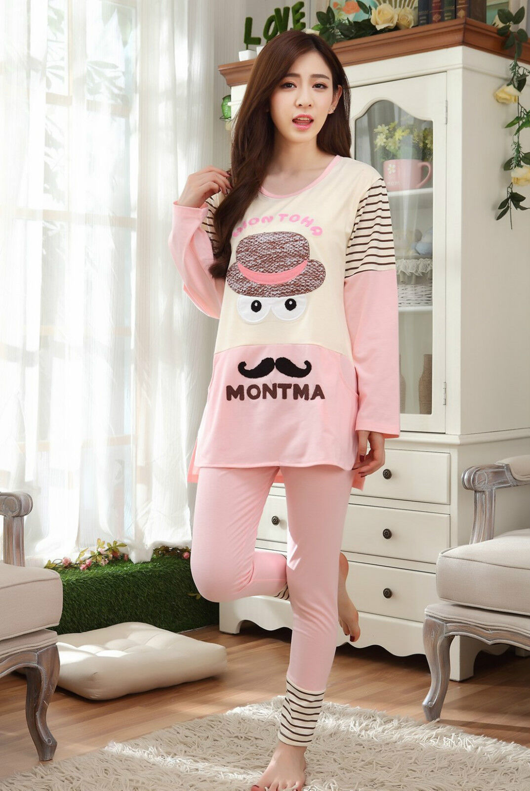 Cute Ladies Women Pink Mustache Long Top & Leggings Set Pyjamas Pajamas ladpj37