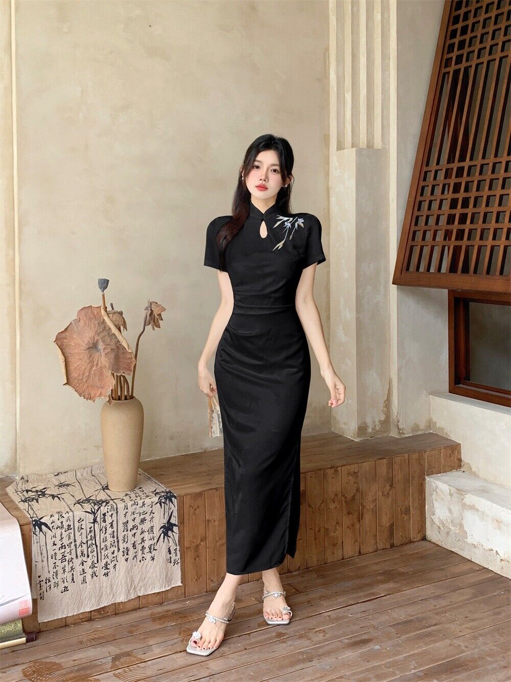 New Traditional Ladies Chinese Bamboo Prints Black Long Qipao Cheongsam Dress