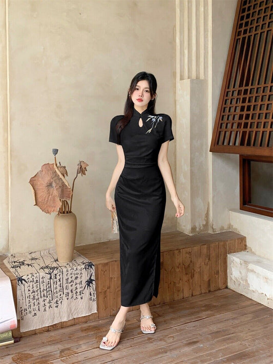 New Traditional Ladies Chinese Bamboo Prints Black Long Qipao Cheongsam Dress