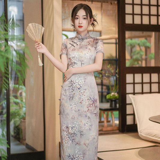 Ladies Chinese Misty Purple with Blossom Prints Lined Long Dress Cheongsam Qipao