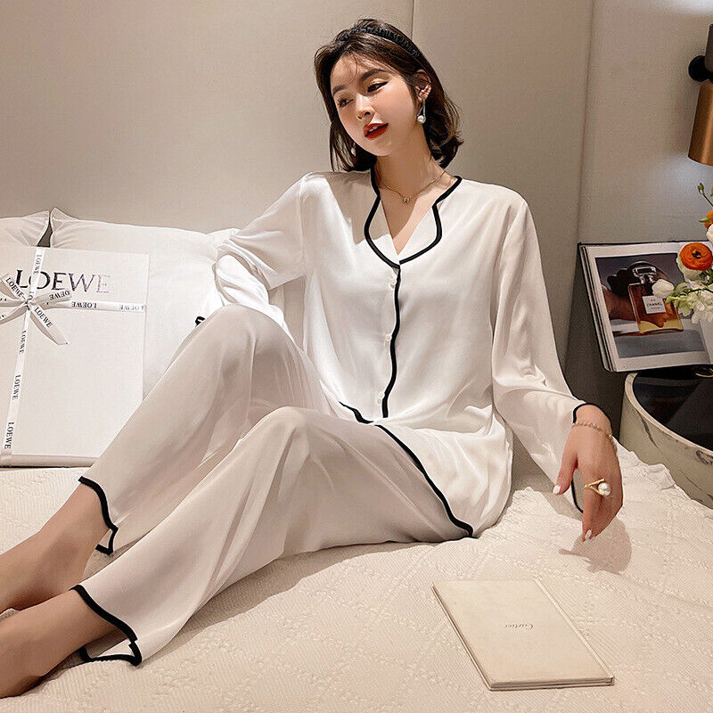 New Luxurious Ladies Satin Pearl White With Black Trim Pyjamas Set ladpj376