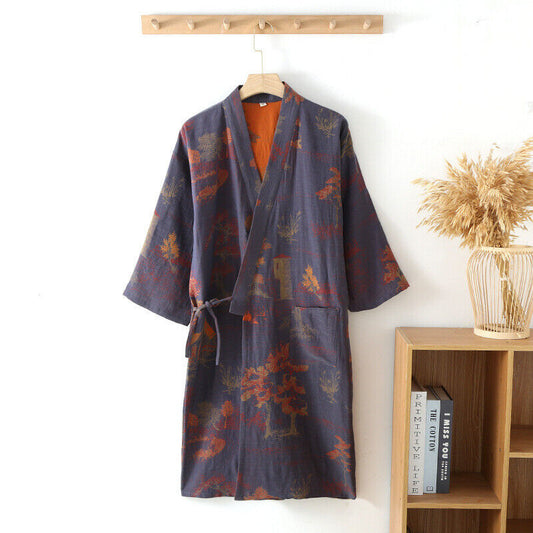 Elegant Grey-Blue Chinese Water Paint Style Kimono Dressing Gown for Women