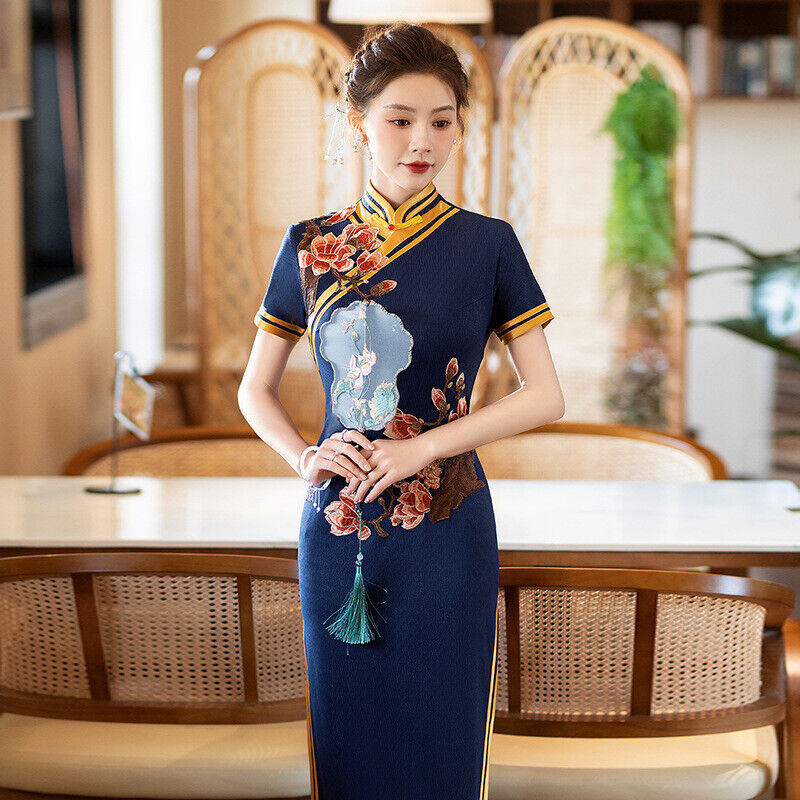 New Luxurious Satin Chinese Midnight Blue Embroidered Long Dress Cheongsam Qipao