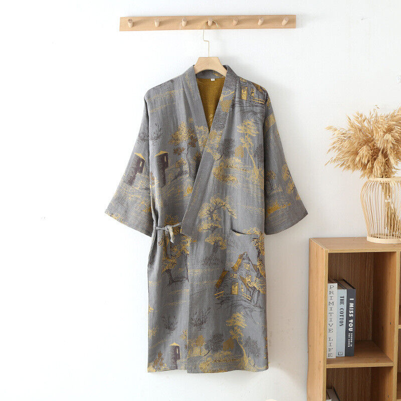 Elegant Grey-Green Chinese Water Paint Style Kimono Dressing Gown for Women