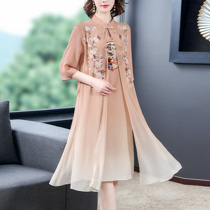 Luxurious Chinese Chiffon Knee Length Almond Faux 2-Piece Cheongsam Qipao Dress