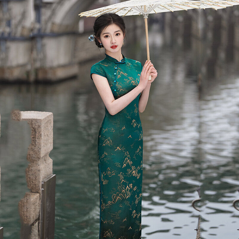 Chinese Elegant Emerald Satin Cheongsam Qipao Dress with Golden Mountain Motif