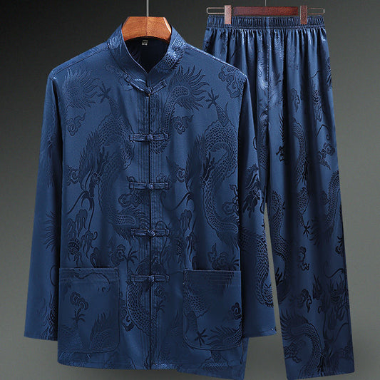 Chinese Oriental Mens Kung Fu Blue Satin Dragon Top Long Shirt Matched Trousers