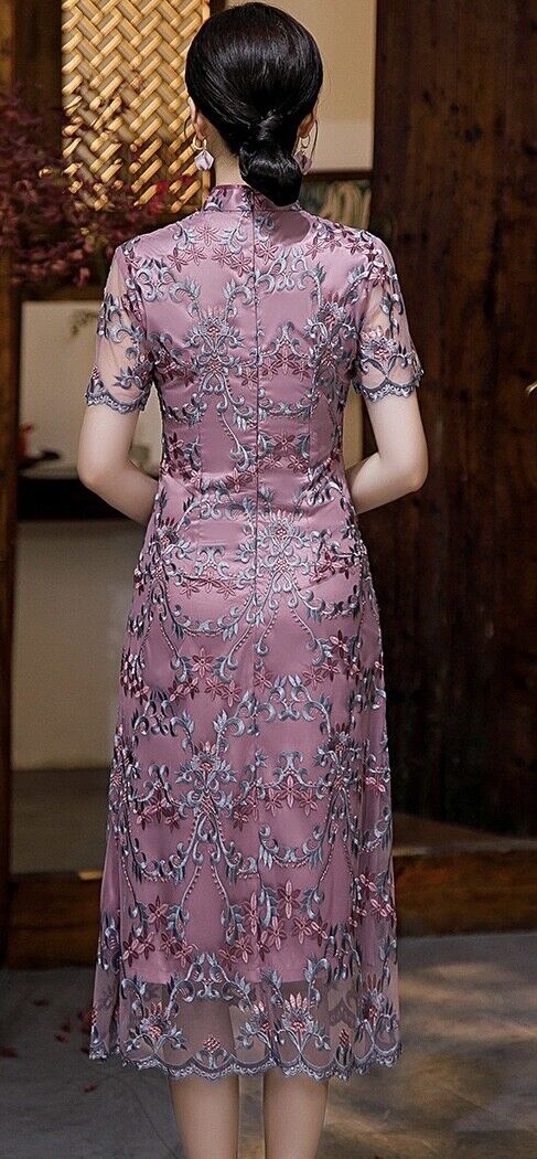 New Ladies Purple Mesh Embroidery Beaded Chinese Style Qipao Cheongsam Dress.