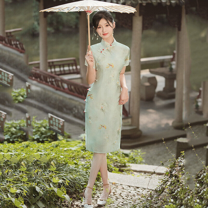 New Luxurious Satin Chinese Willow Green Floral Prints Dress Cheongsam Qipao