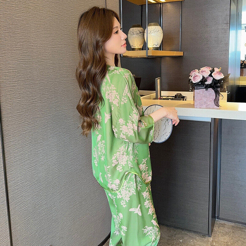 Elegant Willow Green Satin Pyjamas Set with Traditional Chinese Floral Pattern