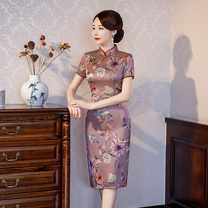 Luxurious Chinese Satin Lilac Peony Floral Prints Short Cheongsam Qipao Dress