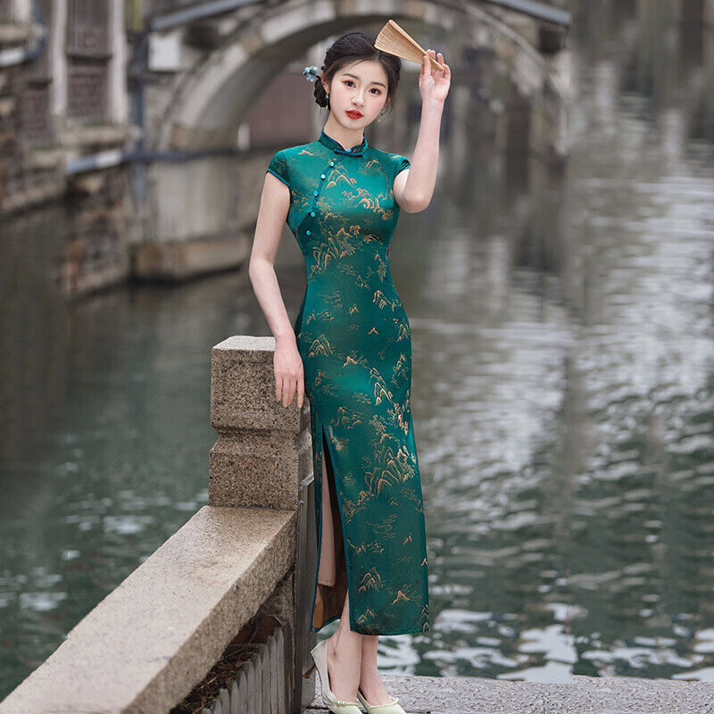 Chinese Elegant Emerald Satin Cheongsam Qipao Dress with Golden Mountain Motif