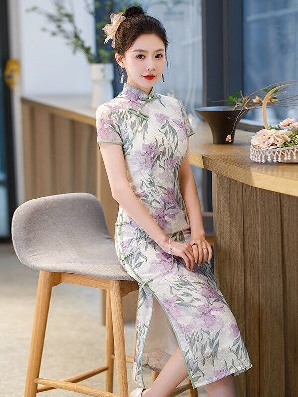 New Blossoming Elegance Chinese Lilac Floral Prints Long Cheongsam Qipao Dress