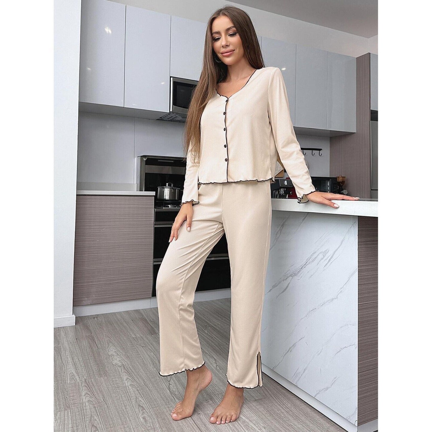 Elegant Chic Cosy Almond Womens Cotton Pyjama Set with Contrast Piping Nightwear