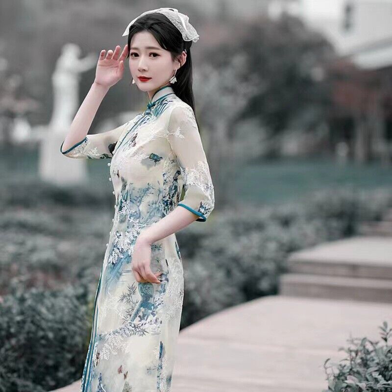 New Luxurious Muslin Chinese Willow Green Embroidered Dress Cheongsam Qipao