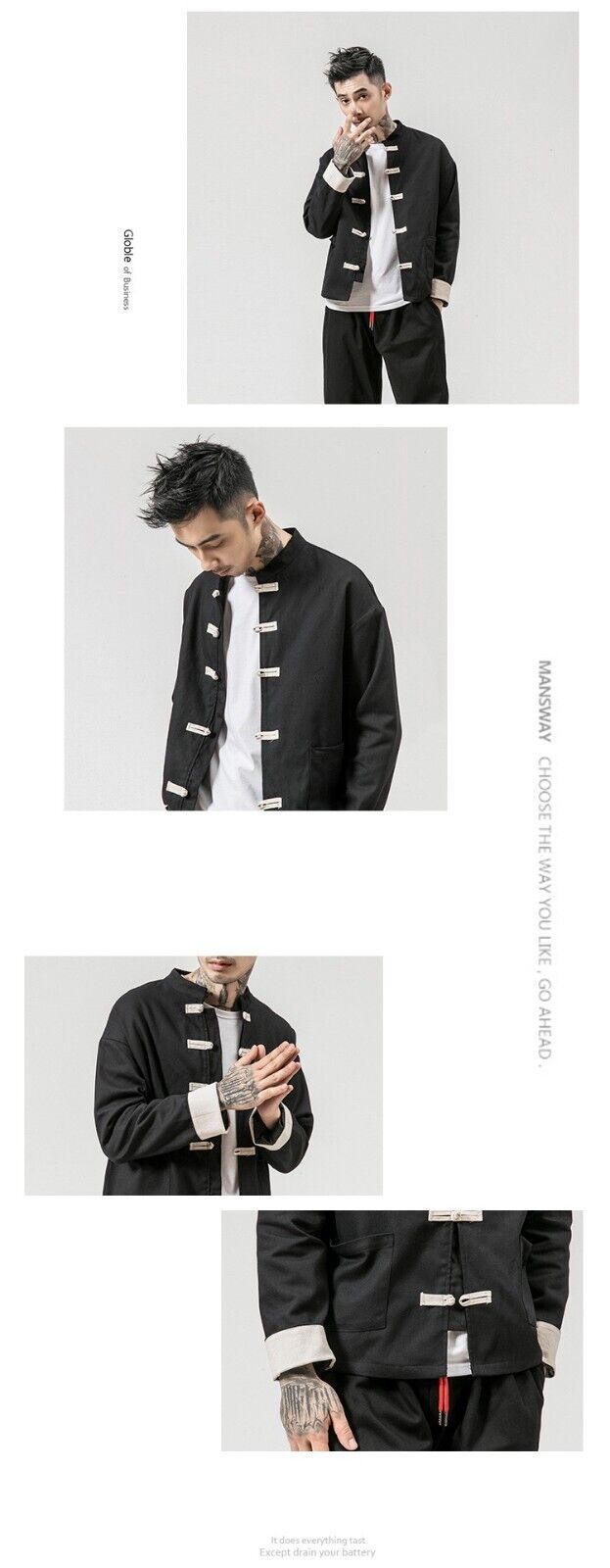 New Men's Chinese Kung Fu Style Black Jacket with Traditional White Fastenings