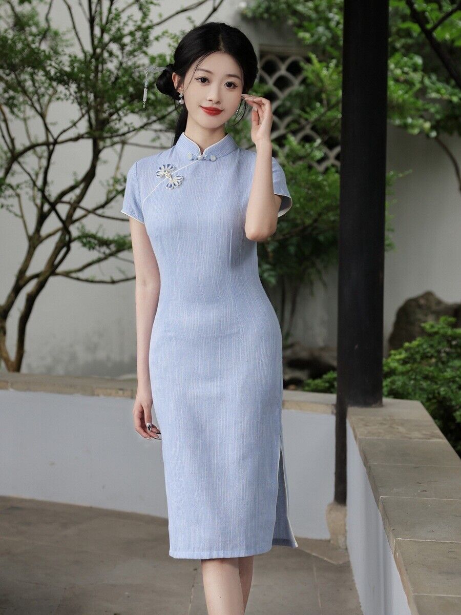 Serenity Sky: Light Blue Cotton-Linen Qipao Cheongsam Dress Over-the-Knee Length