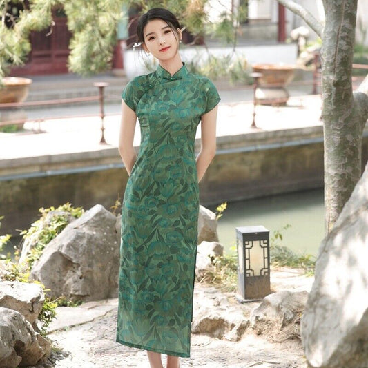 Verdant Elegance: Satin Qipao Cheongsam Dress in Lush Green with Floral Motif