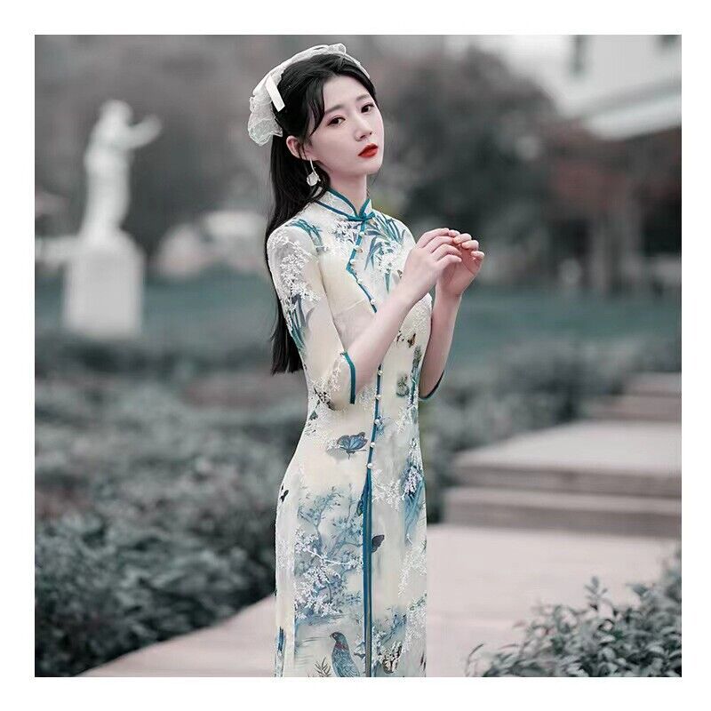 New Luxurious Muslin Chinese Willow Green Embroidered Dress Cheongsam Qipao