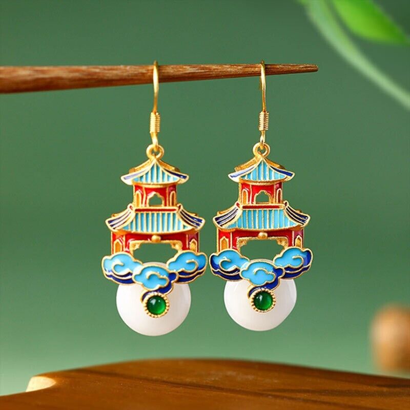 New Chinese Pagoda Inspired Earrings Colourful Enamel with White Jade and Green