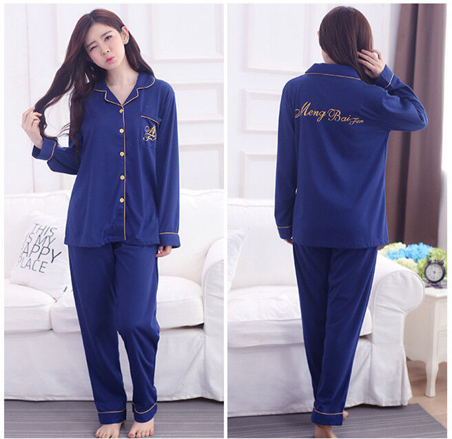 New Ladies Royal Blue Cotton Button Top and Trousers Pyjamas Pajamas Set ladpj96