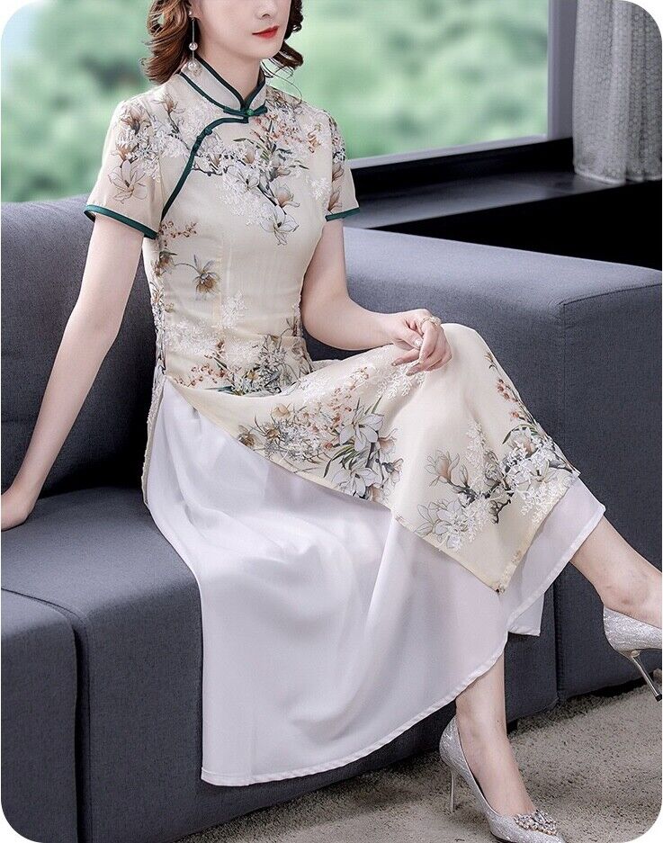 Luxurious Chinese Light Green Chiffon Floral Faux 2-Piece Cheongsam Qipao Dress