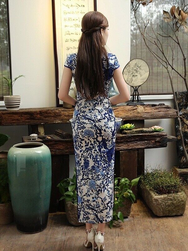 New Luxurious Satin Chinese Porcelain Blue Floral Prints Dress Cheongsam Qipao