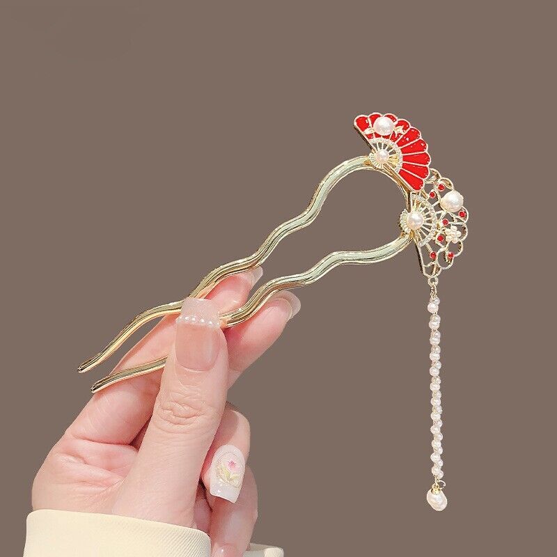 Elegant Chinese Peony Hair Pin with Pearl Tassel, Gold-Tone Floral Hairpin