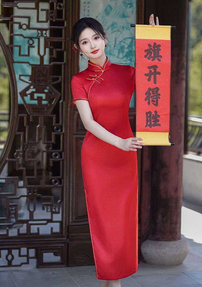 Elegant Traditional Chinese Cheongsam High Slit Mandarin Collar Red Qipao Dress