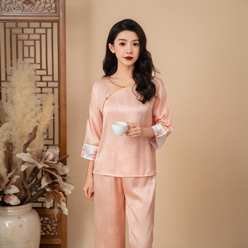 Elegant Chinese-Inspired Satin Rose Pink Floral Printing Pyjama Set for Women