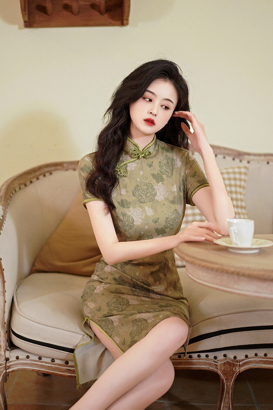 New Ladies Chinese Vintage Green and Floral Prints Trim Dress Cheongsam Qipao