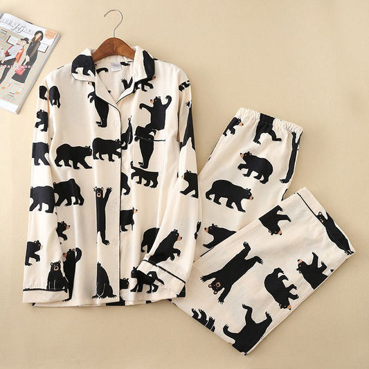 New Ladies Big Black Bears Cotton White Button Up Top & Trousers Pyjamas Pajamas