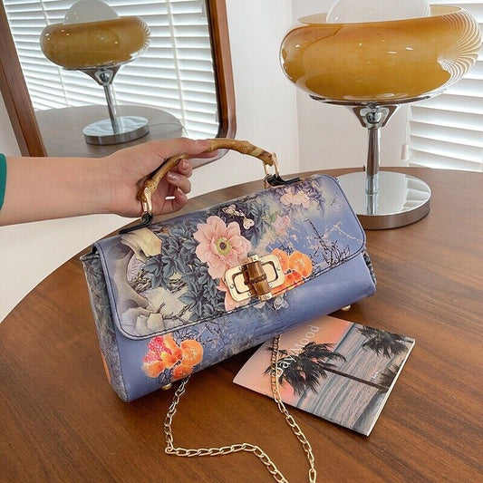 Twilight Blossom: Chinese-Inspired Floral Handbag with Bamboo Handle