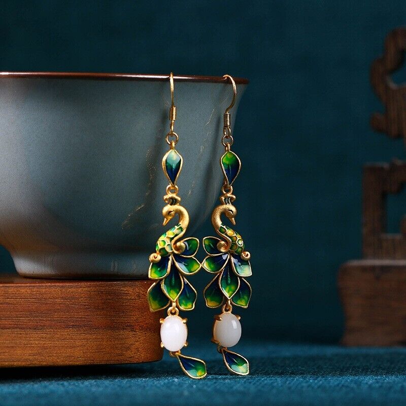 New Chinese Style Enchanting Peacock Feather Drop Earrings with Jade Accents