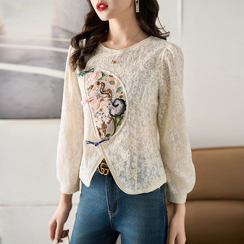 New Exquisite Ladies Lace Chinese Style Shirt with Floral Embroidery Detail