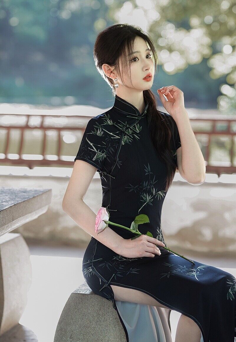 Elegant Traditional Chinese Cheongsam Mandarin Collar Bamboo Black Qipao Dress