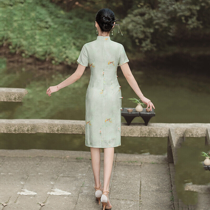 New Luxurious Satin Chinese Willow Green Floral Prints Dress Cheongsam Qipao