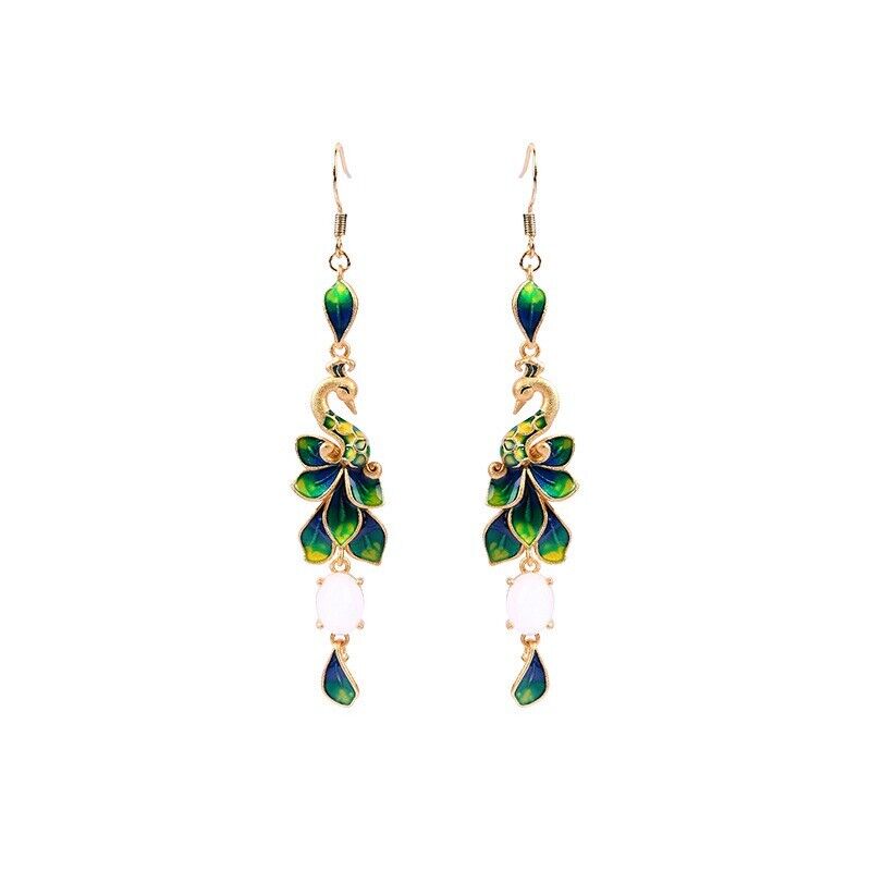 New Chinese Style Enchanting Peacock Feather Drop Earrings with Jade Accents