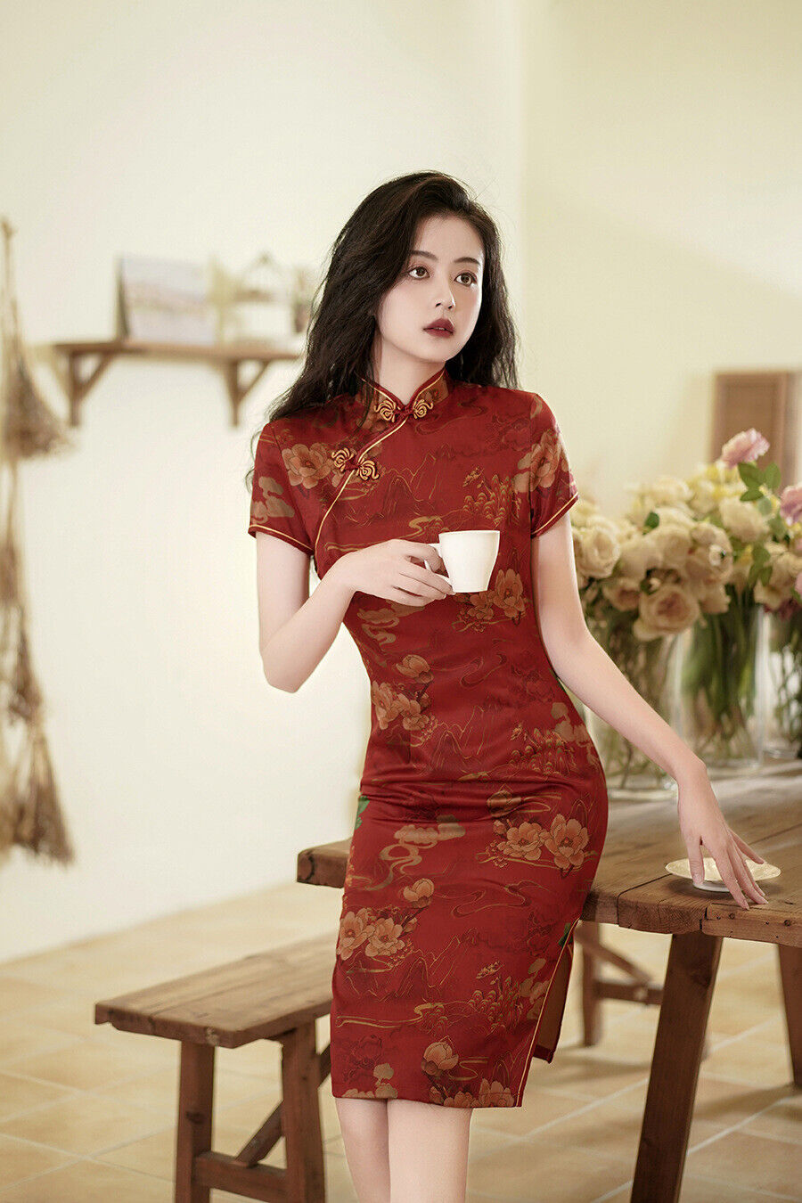 New Ladies Chinese China Red Golden Floral Prints Trim Dress Cheongsam Qipao