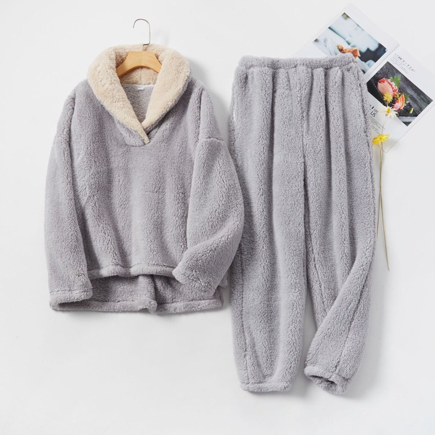 Ladies Luxurious Grey Fluffy Loungewear Pyjamas Set with Cosy Collar and Pockets