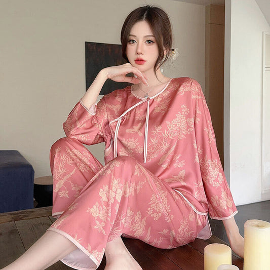 New Elegant Peach Pink Satin Pyjamas Set with Traditional Chinese Floral Pattern