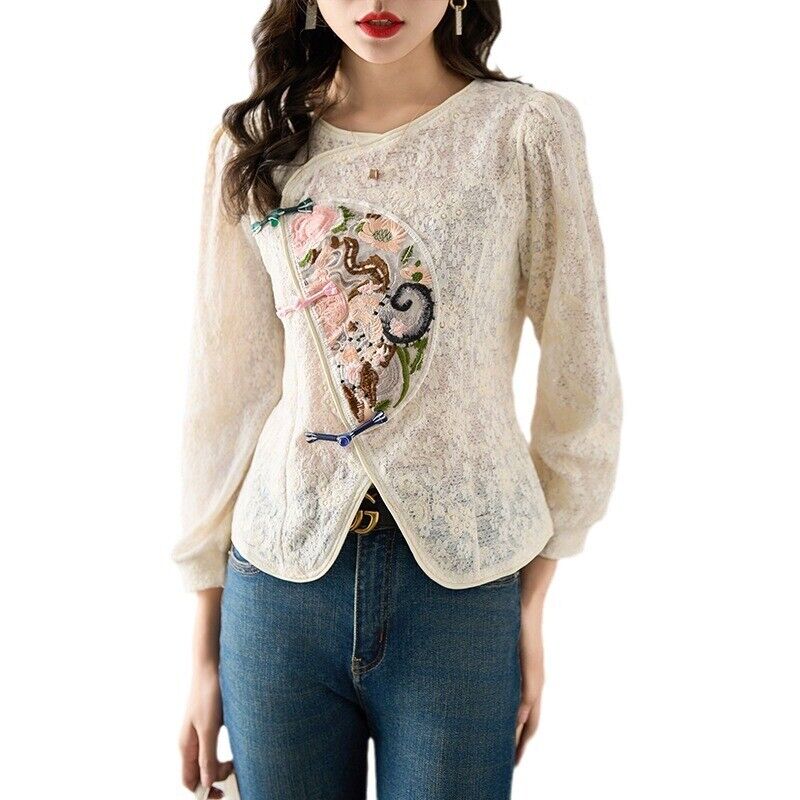 New Exquisite Ladies Lace Chinese Style Shirt with Floral Embroidery Detail